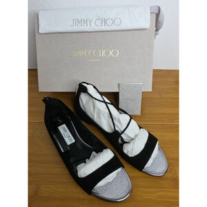 JIMMY CHOO Vernie Black Suede Lace Up Ballet Flat Shoes Size 38.5